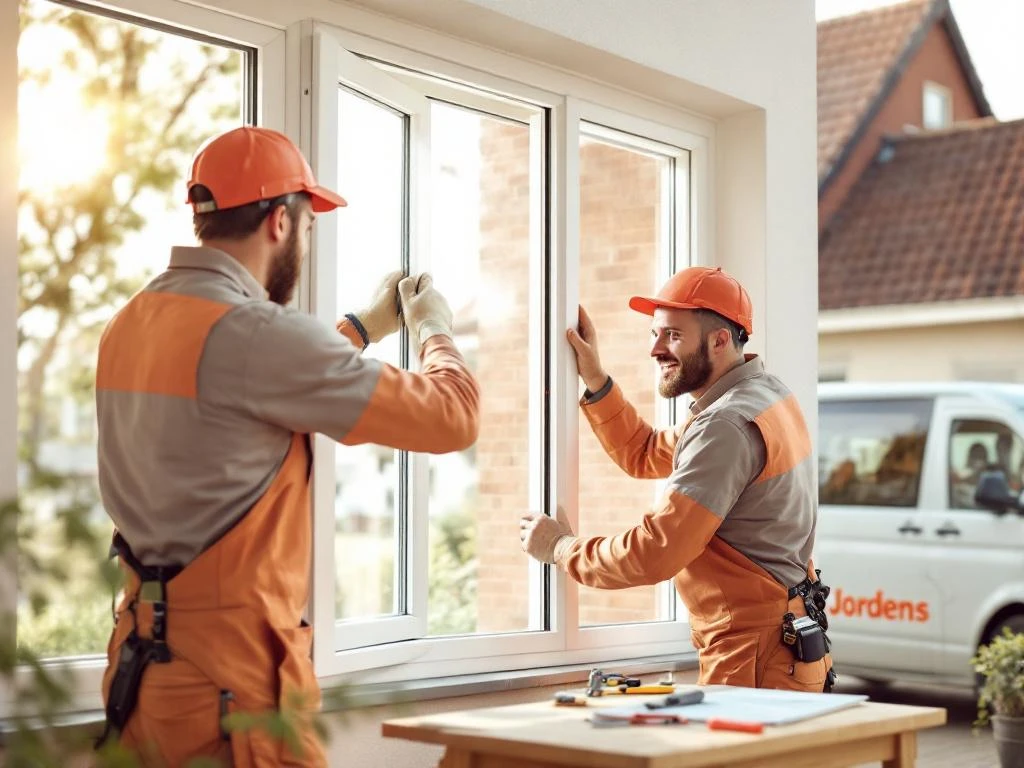 Vakmannen van Jordens installeren moderne PVC ramen op Nederlands woonhuis met bedrijfswagen op achtergrond