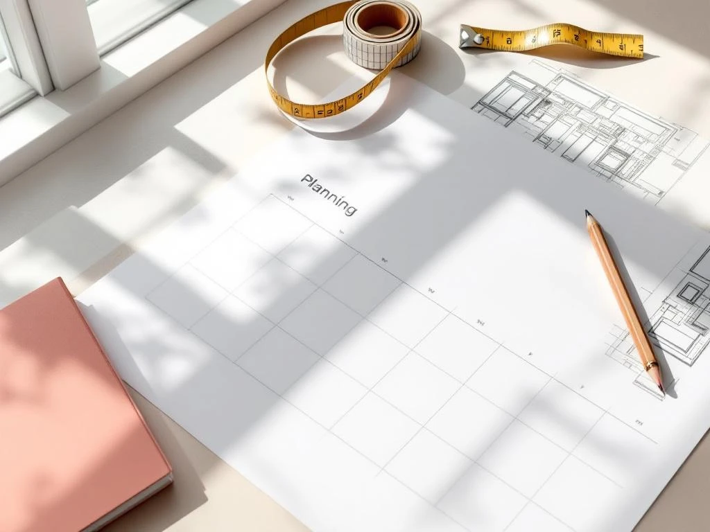 Planningskalender en bouwplannen op bureau met meetlint, potlood en PVC raammonster voor raamvervanging project