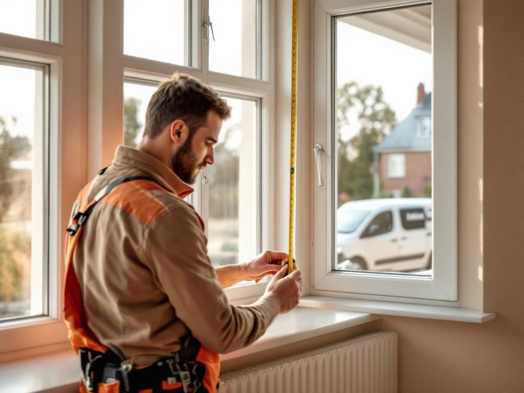 Vakman in Jordens werkkleding meet wit PVC raamkozijn met meetlint in modern Nederlands interieur
