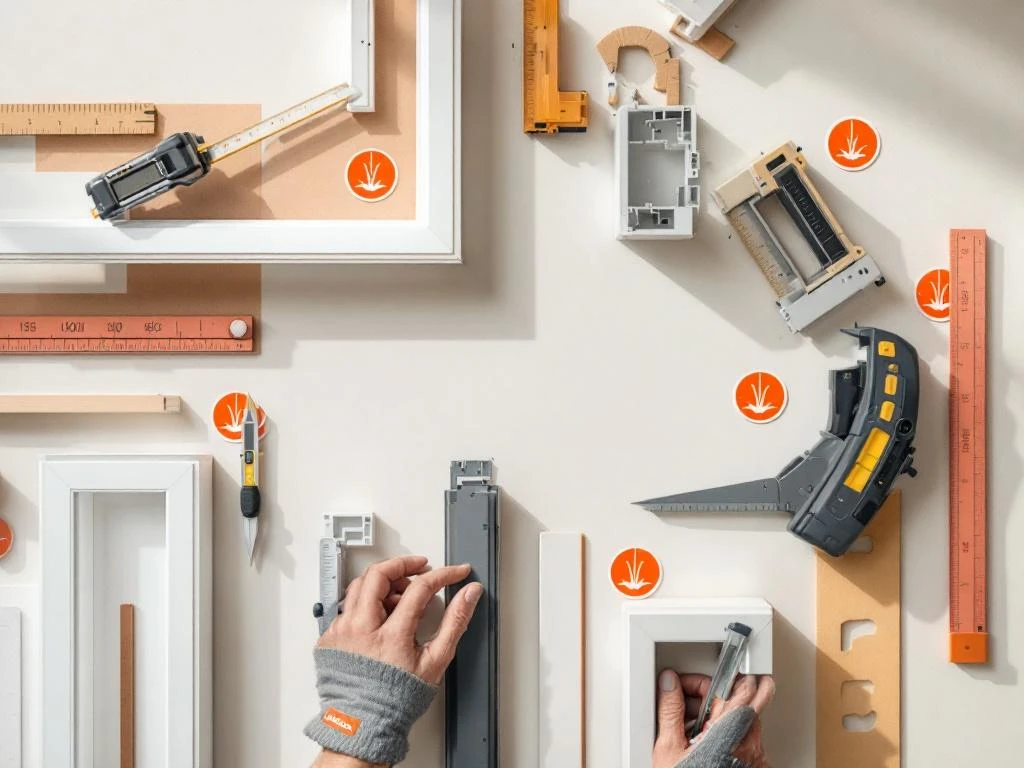 Jordens ambachtslieden meten en passen op maat gemaakte PVC raamkozijnen met precisie-instrumenten in werkkleding